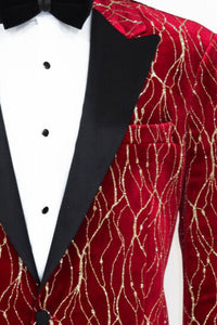Thumbnail for Wessi Men's Gold Rose Patterned Over Red Slim Fit Tuxedo Jacket With Satin Peak Lapels