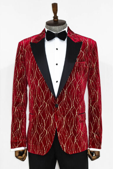Wessi Mens Red & Gold Classic Fit Tuxedo Prom Jacket With Black Peak Lapels