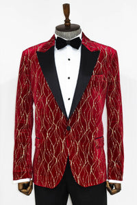 Thumbnail for Wessi Mens Red & Gold Classic Fit Tuxedo Prom Jacket With Black Peak Lapels