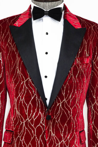 Wessi Men&#39;s Silver Rose Patterned Over Red Slim Fit Tuxedo Jacket With Satin Peak Lapels