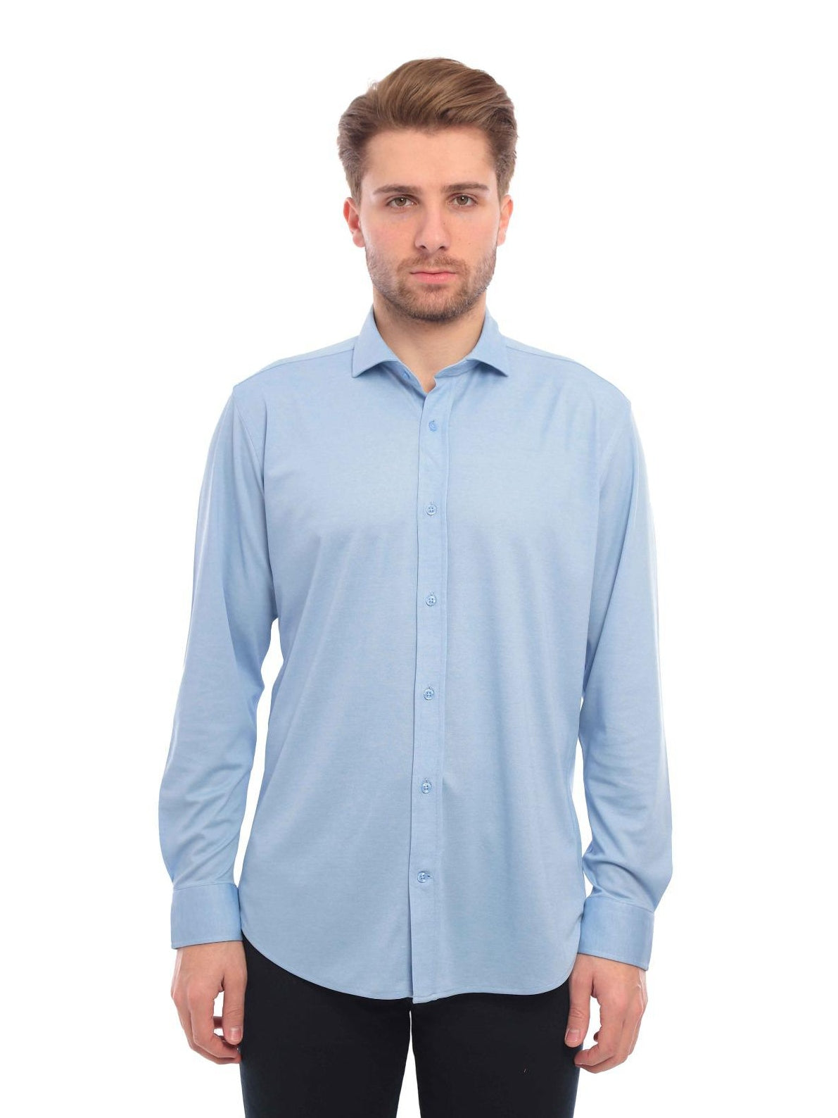 Enzo Liberti Camisa de vestir de punto 100% algodón azul claro para hombre