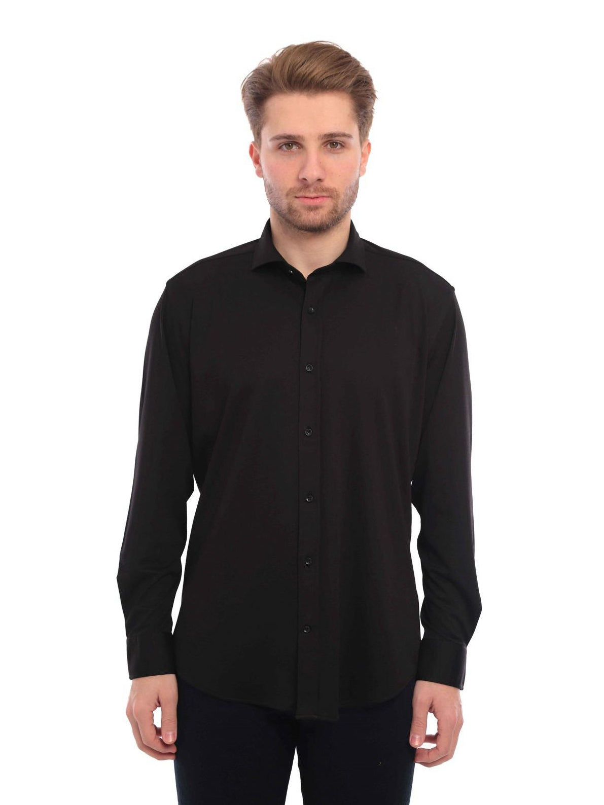 Enzo Liberti Mens Solid Black Modern Fit 100% Cotton Jersey Dress Shirt