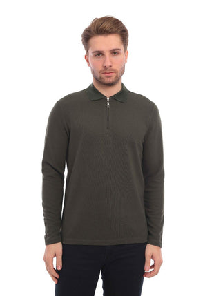 Enzo Liberti Mens Olive Green Long Sleeve 1/4 Zip 100% Cotton Casual Polo Shirt