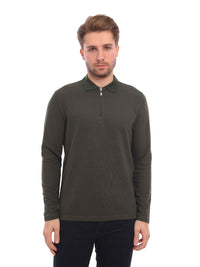 Thumbnail for Enzo Liberti Mens Olive Green Long Sleeve 1/4 Zip 100% Cotton Casual Polo Shirt