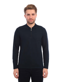 Thumbnail for Enzo Liberti Mens Navy Blue Long Sleeve 1/4 Zip 100% Cotton Polo Shirt