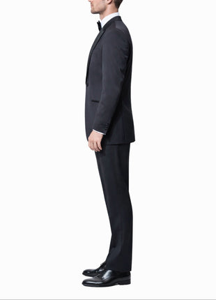 Hugo Boss Solid Black With Satin Peak Lapel Slim Fit Super 100’s Wool 1-Button Tuxedo 40R - The Suit Depot