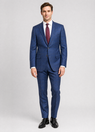 Isaia Mens Blue Windowpane Notch Lapel Classic Fit 2-Button Wool Suit - 44L