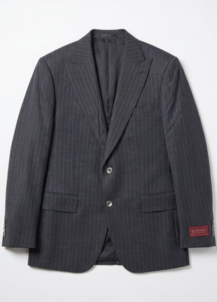 Mazara Mens Dark Gray with Navy Pinstripe Slim Fit Peak Lapel Wool 3-Piece Suit