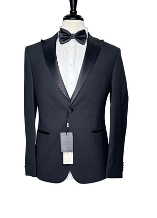 Corneliani CC Collection Solid Black Satin Peak Lapel Slim Fit 3-Piece Wool Tuxedo - 40R