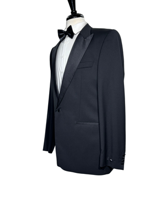 Napoli Mens Solid Black Satin Peak Lapel Classic Fit 1-Button Wool Cashmere Tuxedo - 42L