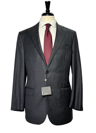 Corneliani Mens Charcoal Windowpane Fully-Canvassed Notch Lapels Classic Fit 2 Button Wool Suit - 40L