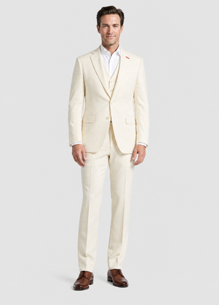 Statement Mens Solid Off-White Notch Lapel Tailored Fit 3-Piece Wool Cashmere Suit - 38R