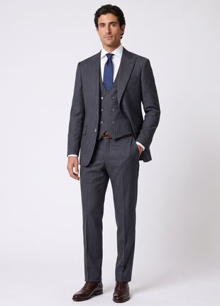 Mazara Mens Dark Gray with Navy Pinstripe Slim Fit Peak Lapel Wool 3-Piece Suit