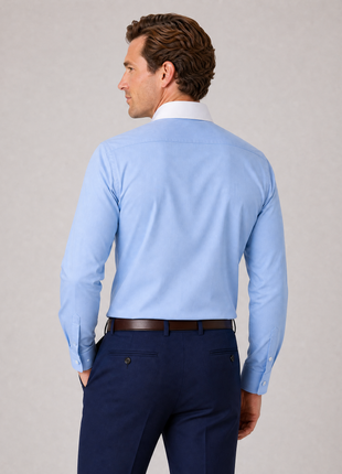 Steven Land Solid Light Blue Contrast Spread Collar Classic Fit French Cuff Cotton Stretch Dress Shirt