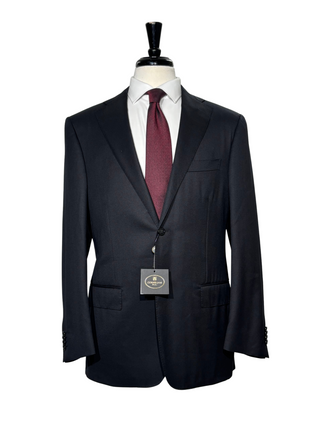 Corneliani Mens Solid Black Fully-Canvassed Notch Lapels Classic Fit 2 Button Wool Suit - 40R