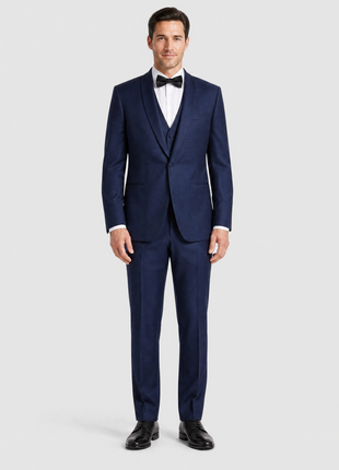 Corneliani Mens Solid Navy Fully-Canvassed Shawl Lapels Slim Fit 3-Piece Wool Suit - 40R