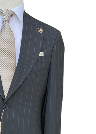 Romaster Men’s Black Pinstripe Slim Fit Peak Lapels Stretch Wool Blend Suit