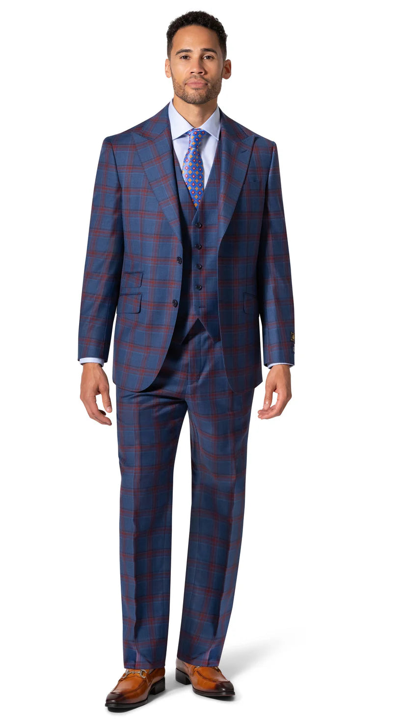 Beragamo Elegant Men Blue Plaid Classic Fit 100% Wool 3 Piece Suit & Peak Lapels