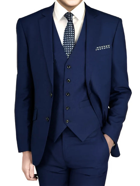 GF By Raphael Boys Solid Navy Blue Notch Lapels 3 Piece Suit