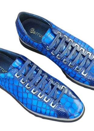 Carrucci Mens Blue Crocodile-Embossed Leather Sneakers