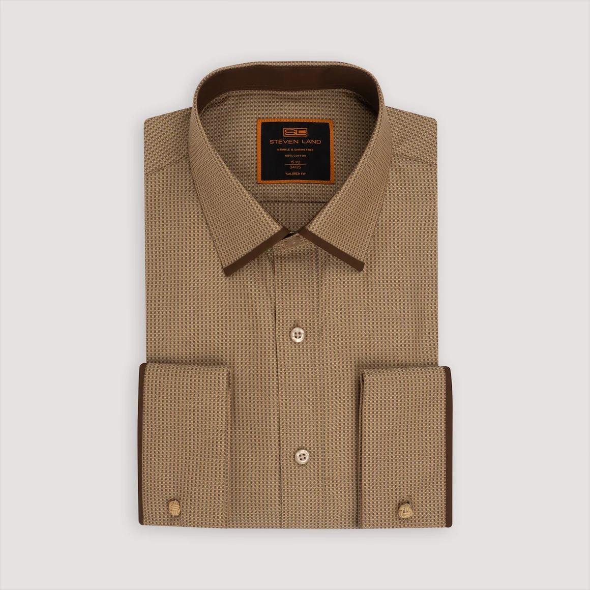 Steven Land Mens Brown 100% Cotton French Cuff Spread Collar Dress Shi The Suit Depot Steven Land Mens Brown 100% Cotton French Cuff Spread Collar Dress Shi The Suit Depot