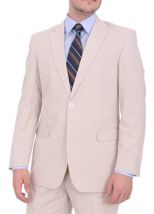 Emigre Classic Fit Tan Pinstriped Two Button Cotton Seersucker Blazer