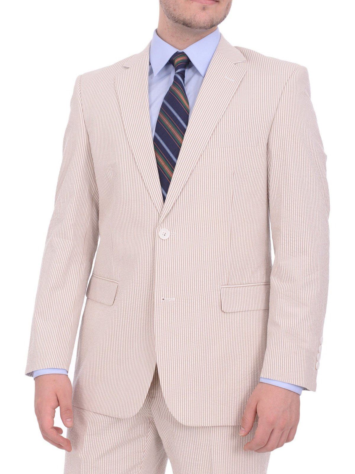 Emigre Classic Fit Tan Pinstriped Two Button Cotton Seersucker Blazer