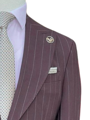 Romaster Men’s Burgundy Pinstripe Slim Fit Peak Lapels Stretch Wool Blend Suit