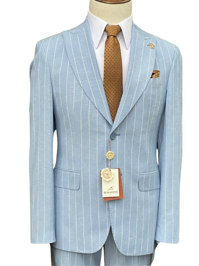 Romaster Mens Light Blue Pinstriped Slim Fit  Linen Blend 2 piece Suit