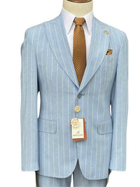 Thumbnail for Romaster Mens Light Blue Pinstriped Slim Fit  Linen Blend 2 piece Suit