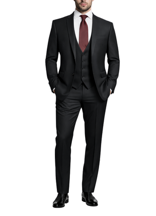 Corneliani Mens Black Textured Fully-Canvassed Shawl Lapel Slim Fit 3-Piece Wool Suit - 42R - The Suit Depot