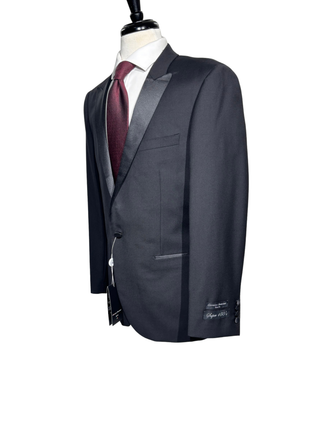 Giovanni Bresciani Mens Solid Black Satin Peak Lapel Slim Fit 1-Button Wool Tuxedo - 42R