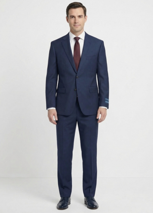 Tovaglia Mens Navy Textured Slim Fit Notch Lapels Wool Silk 2 Button Suit