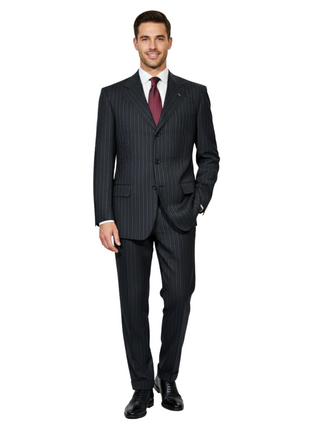Luigi Bianchi Mantova Mens Black Pinstripe Notch Lapel Classic Fit 3-Button Wool Suit - 44R