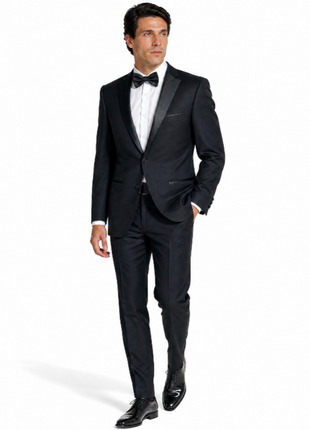 Bresciani Solid Black Satin Notch Lapel Classic Fit 2-Button Wool Tuxedo - 52R