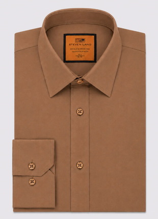 Steven Land Mens Brown 4 Way Stretch Spread Collar Dress Shirt