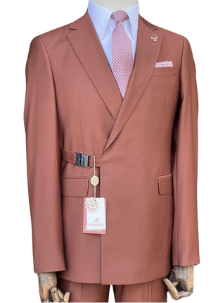 Pierre Carlos Solid Rust Slim Fit Double Breasted Stretch Suit with Buckle Closure