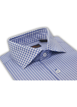 Steven Land Mens Blue Check Spread Collar French Cuff 100% Cotton Dress Shirt