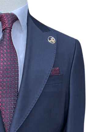 Romaster Mens Navy Pinstriped Slim Fit Peak Lapels Stretch Wool Suit