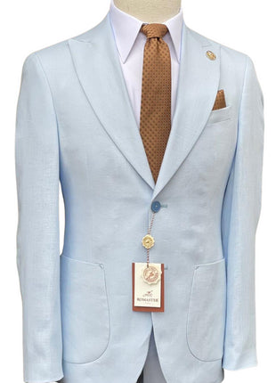 Romaster Light Blue Slim Fit Linen Blend Blazer Sportcoat With Patch Pockets