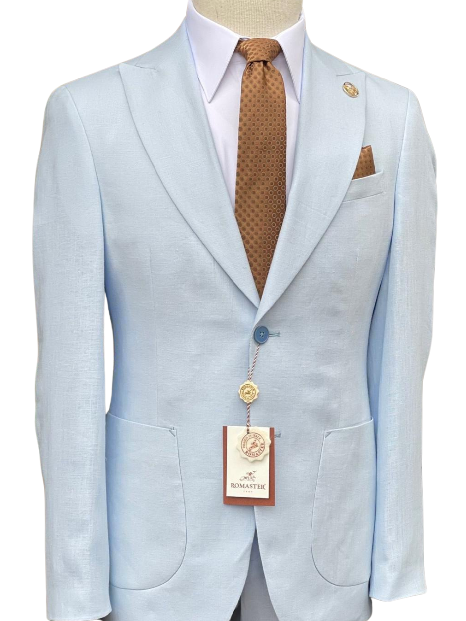 Romaster Light Blue Slim Fit Linen Blend Blazer Sportcoat With Patch P The Suit Depot Romaster Light Blue Slim Fit Linen Blend Blazer Sportcoat With Patch P The Suit Depot