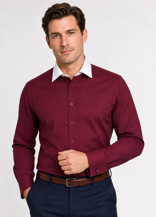 Steven Land Solid Burgundy Contrast Spread Collar Classic Fit French Cuff Cotton Stretch Dress Shirt