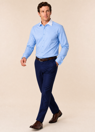 Steven Land Solid Light Blue Contrast Spread Collar Classic Fit French Cuff Cotton Stretch Dress Shirt
