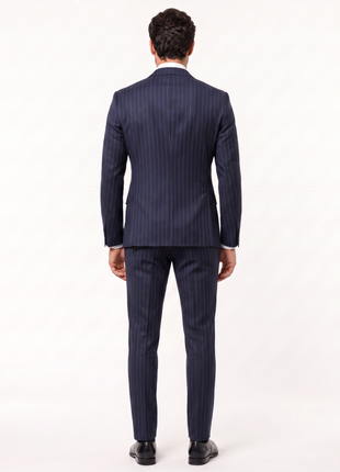 Mazara Mens Dark Navy Pinstriped Slim Fit Double Breasted Wool Suit