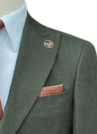 Romaster Mens Green Slim Fit Linen Blend Blazer Sportcoat With Patch Pockets