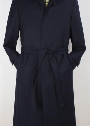 Black Diamond Mens Solid Navy Blue 100% Wool Gabardine Belted Duster Overcoat