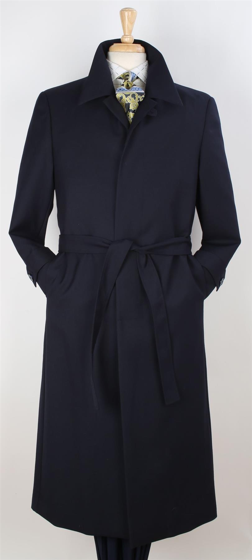 Black Diamond Mens Solid Navy Blue 100% Wool Gabardine Belted Duster Overcoat