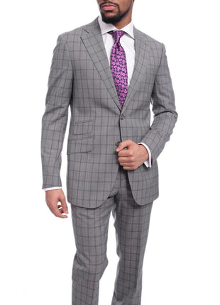 Napoli Mens 42L Gray Windowpane Check Slim Fit 2 Piece Suit