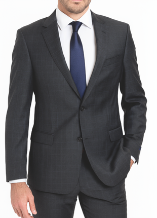 Tommy Hilfiger Charcoal Grey with Light Blue Windowpane Modern Fit Notch Lapel Wool Stretch 2-Button Blazer Sportcoat
