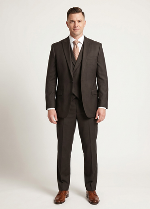 Steven Land Solid Dark Brown Vested One Button Wool Suit Peak Lapels